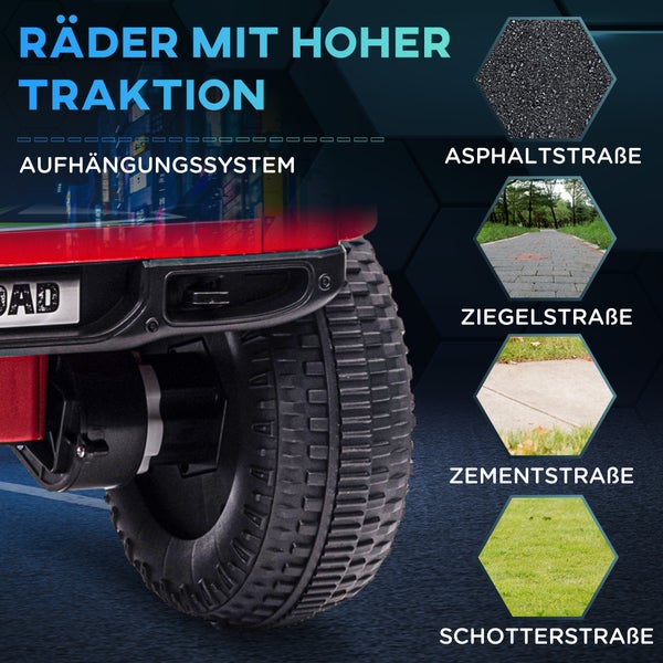 HOMCOM Elektro Kinderauto mit Musikanschluss, Stauraum, Scheinwerfer, Hupe, 3 km/h, für Kinder 3-5 Jahre, 82L x 48B x 56H cm, Kunststoff, Metall, Rot