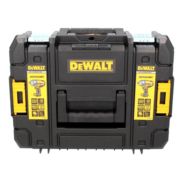 DeWALT TSTAK Werkzeugkoffer für Schlagschrauber DCF899NT 18 Volt, schwarz mit gelben Verschlüssen und Tragegriff.