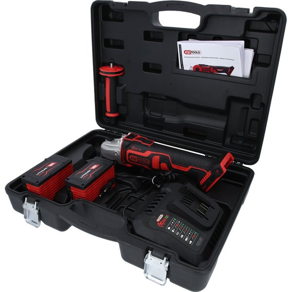 KS Tools Akku-Winkelschleifer-Set im Koffer mit zwei 18 Volt Akkus, Ladegerät und Zusatzhandgriff.