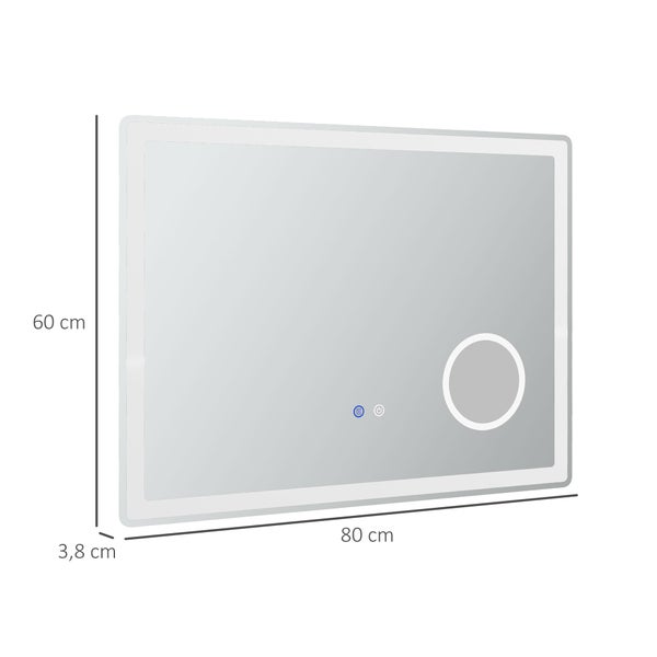 kleankin LED Badezimmerspiegel, Badspiegel mit 3x Vergrößerung, 80 x 60 cm Wandspiegel mit Touch-Funktion, Memory-Funktion, beschlagfreier Lichtspiegel mit 3 Lichtfarben
