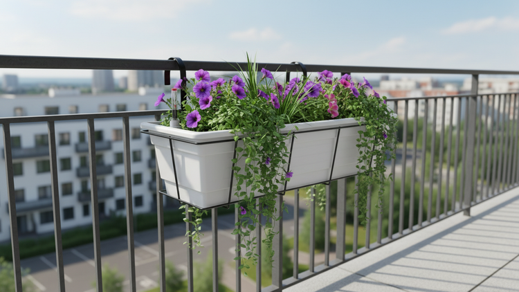 Weißer Balkonkasten mit Wasserstandsanzeiger, bepflanzt mit lila Petunien und hängenden Grünpflanzen, an einem dunklen Metallgeländer.