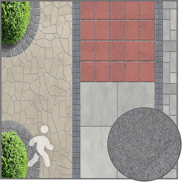 Gestaltung von Gartenwegen mit Pflastersteinen, Polygonplatten, Terrassenplatten, runden Beeteinfassungen und Nahaufnahme des Fugenmaterials.