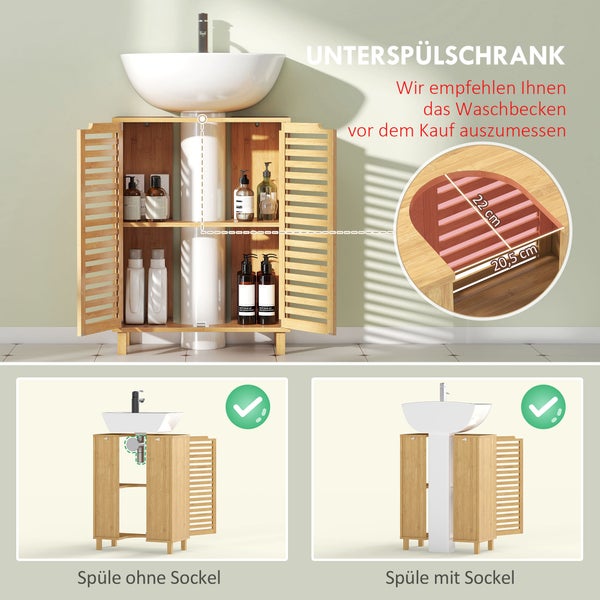 Unterschrank aus Bambus mit offenem Design und zwei Türen unter einem Aufsatzwaschbecken