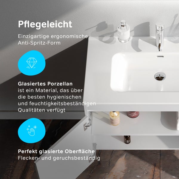 Waschtischunterschrank mit Waschbecken aus glasiertem Porzellan, pflegeleicht, ergonomisch und mit Anti-Spritz-Form sowie flecken- und geruchsbeständiger Oberfläche.