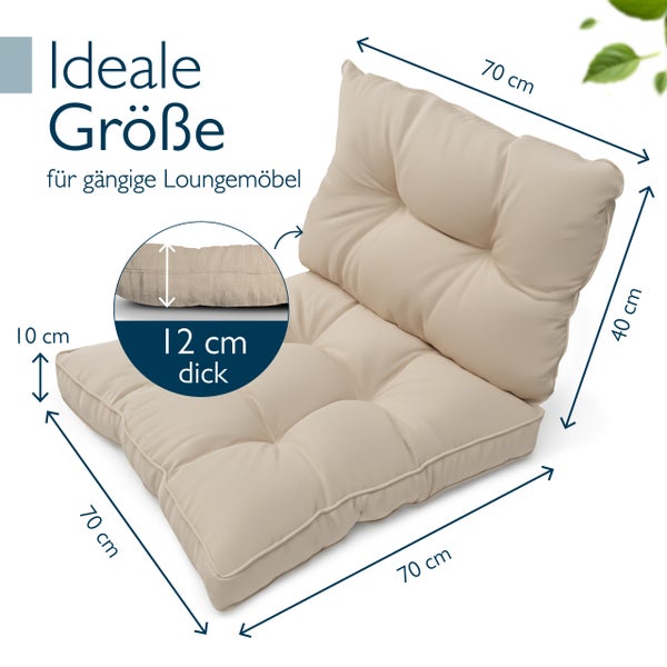Loungemöbel-Kissen-Set mit Maßen: Sitzkissen 70 mal 70 Zentimeter, Rückenkissen 70 mal 40 Zentimeter und Dicke 12 Zentimeter.