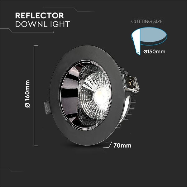 Reflektor Downlight mit den Maßen 160 mm Durchmesser und 70 mm Tiefe, passend für einen Ausschnitt von 150 mm Durchmesser.