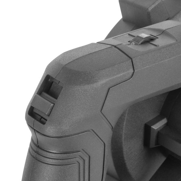 Detailansicht eines Bohrhammers mit Schalter und Bedienelementen.