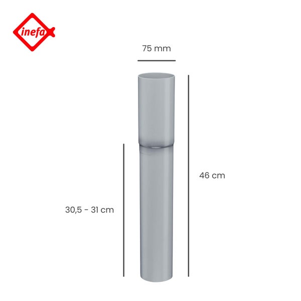 Inefa Logo. Fallrohr mit 75 Millimeter Durchmesser und 46 Zentimeter Gesamtlänge.
