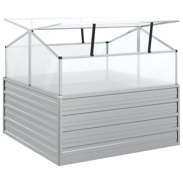 Hochbeet aus verzinktem Stahl mit Frühbeetaufsatz aus Polycarbonat-Stegplatten und geöffneten Dachklappen.