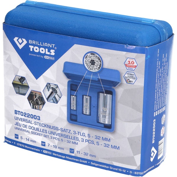 Brilliant Tools Universal Stecknuss Satz, 3-teilig, 5 bis 32 Millimeter im blauen Koffer