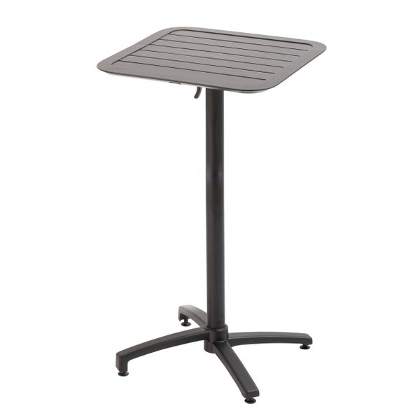 Quadratischer Stehtisch aus Metall in Anthrazit mit klappbarer Tischplatte und Sternfuß.