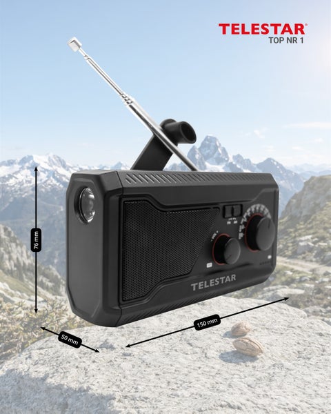 Telestar Top NR 1 Kurbelradio mit ausziehbarer Antenne, Taschenlampe und Maßen von 150 mal 76 mal 50 Millimeter.