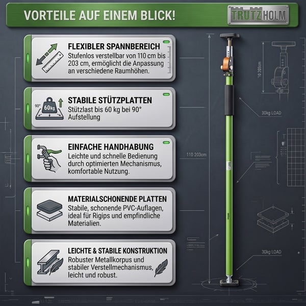 Trutzholm Deckenstütze mit verstellbarer Höhe von 110 bis 203 Zentimeter und einer Traglast von bis zu 60 Kilogramm für einfache Montage.
