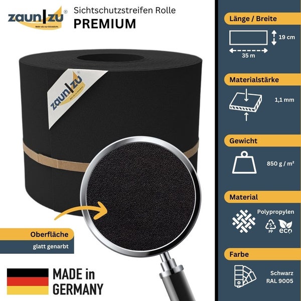 Zaun zu Sichtschutzstreifen Rolle Premium, 35 Meter lang und 19 Zentimeter breit, Materialstärke 1,1 Millimeter, Gewicht 850 Gramm pro Quadratmeter, Material Polypropylen, Made in Germany