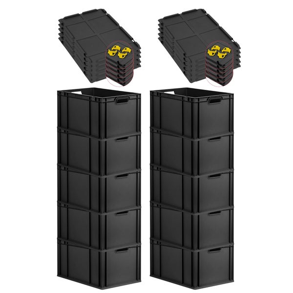 PROREGAL SparSet 10x Eurobox NextGen Grip mit Auflagedeckel inkl. 4 gelben Schiebeschnappverschlüssen, HxBxT 32x40x60cm, 65 Liter, Schwarz, Griffe offen, Verstärkter Boden, Eurobehälter, Transportbox, Transportbehälter, Stapelbehälter