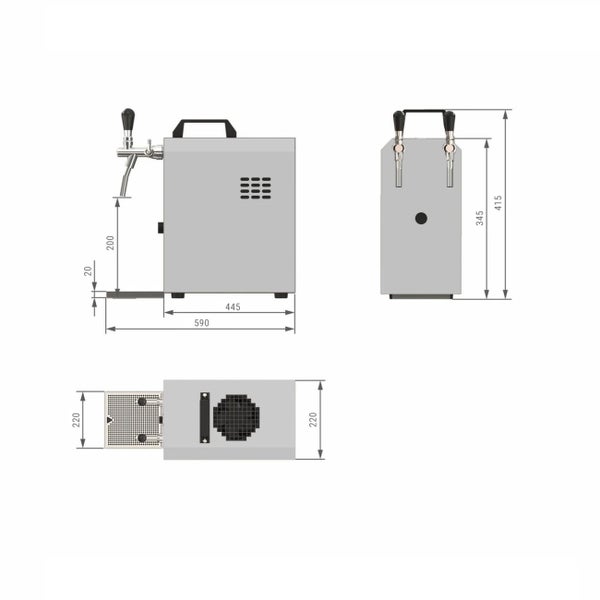 Technische Zeichnung eines Bierzapfkühler mit Abmessungen