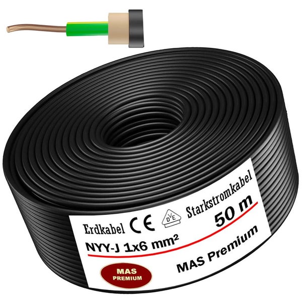 Erdkabel NYY-J 1x6 Quadratmillimeter, 50 Meter Rolle, MAS Premium Starkstromkabel.