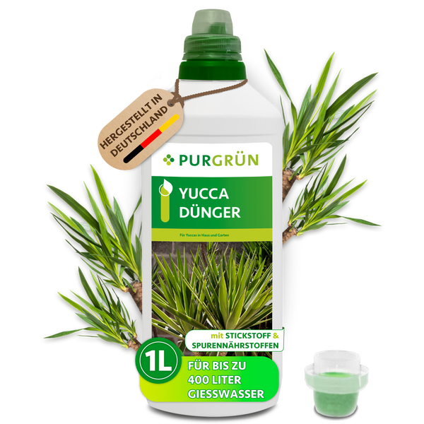 Purgrün Yucca Dünger in der 1 Liter Flasche für Haus und Garten mit Stickstoff und Spurennährstoffen, hergestellt in Deutschland.