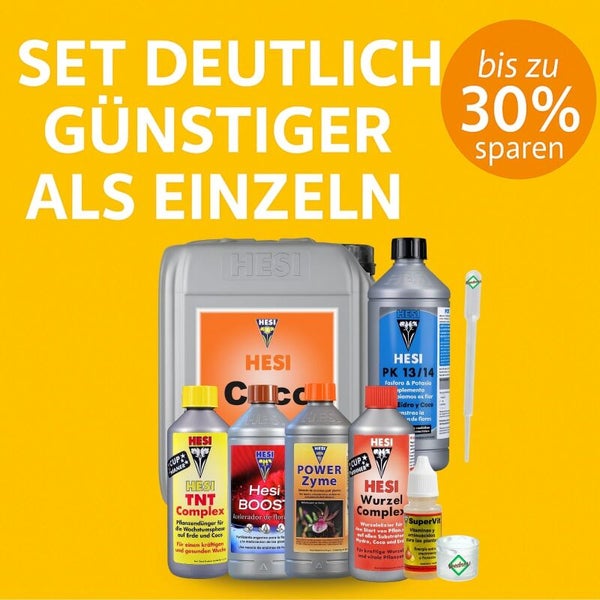 HESI Pflanzendünger-Set bestehend aus TNT Complex, Coco, Boost, Power Zyme, Wurzel Complex, PK 13/14 und SuperVit für optimales Pflanzenwachstum.
