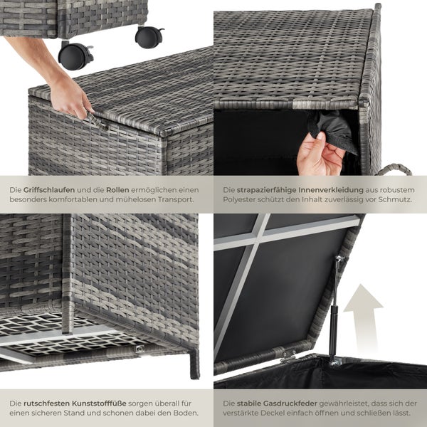Auflagenbox tectake Kuusamo 117 x 54 x 64 cm 297 l, mit Aluminiumgestell und Rattangeflecht grau