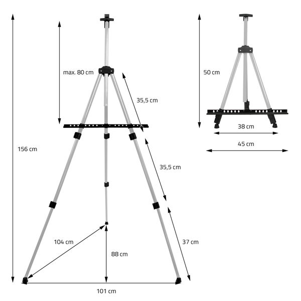 ECD Germany Staffelei, Atelierstaffelei aus Aluminium, Silber, Höhenverstellbar von 50-156 cm, Stabil und Ultraleicht, Faltbare Tischstaffelei für Leinwände bis 80 cm, Feldstaffelei mit Tragetasche