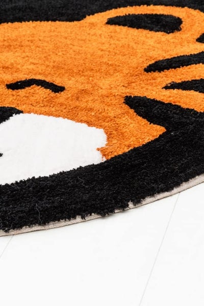 JUNG 4Living Teppich Kinderzimmer Tiger Ø 100cm rund, moderner Kinderteppich Schlafzimmer, Flor, Pflegeleicht, Waschbar, Mädchen