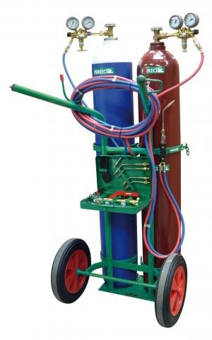 Autogenschweiß- und Schneidset auf Transportwagen mit zwei Gasflaschen, Druckminderern, Schläuchen und Zubehörkoffer.