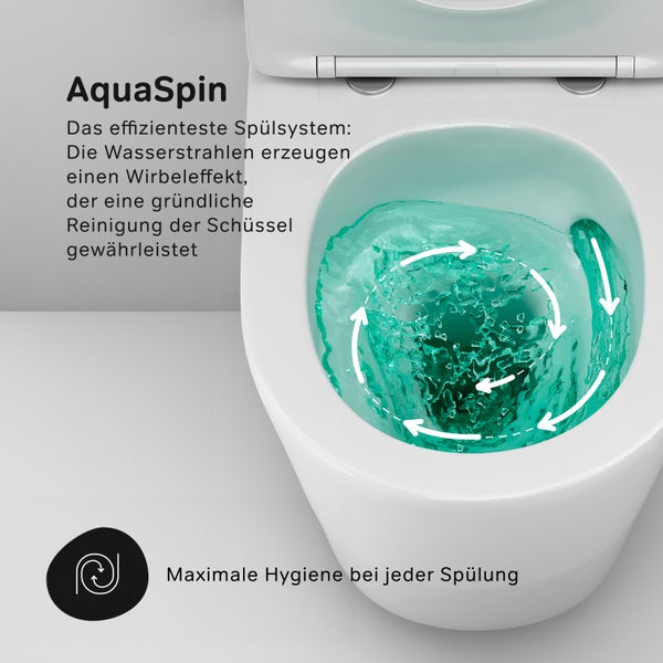 AquaSpin Spülsystem einer Toilette mit Wasserwirbeleffekt für eine gründliche Reinigung und maximale Hygiene bei jeder Spülung.