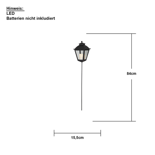 Abbildung einer Gartenleuchte mit Massangaben: 84 cm Höhe, 15,5 cm Breite. LED und Batterien nicht inklusive.