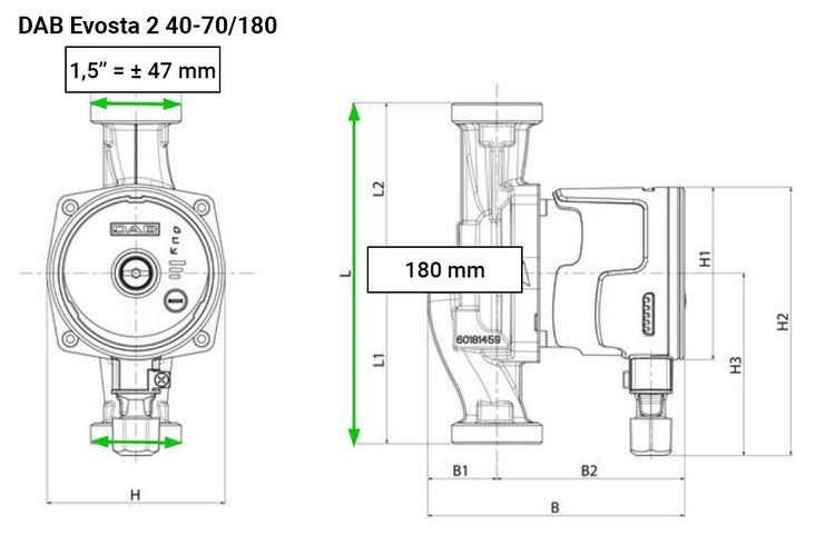DAB Evosta 2 40-70/180 Umwälzpumpe (Heizungspumpe) - 3.600 L/Std. - 35W - Förderhöhe 6,9 m - Einbaugröße 180 mm - Mit Energielabel A.