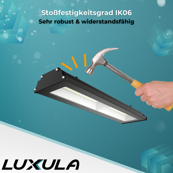 Schlagfeste LED-Feuchtraumleuchte mit dem Schlagfestigkeitsgrad IK06 wird mit einem Hammer bearbeitet