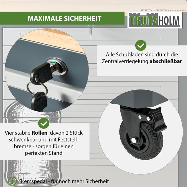 Trutzholm Werkstattwagen mit Zentralverriegelung und feststellbaren Lenkrollen für maximale Sicherheit und stabilen Stand.