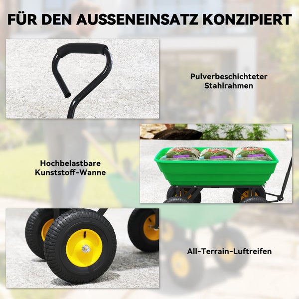 Detailansicht eines Gartenwagens mit pulverbeschichtetem Stahlrahmen, hochbelastbarer Kunststoffwanne und All-Terrain-Luftreifen.