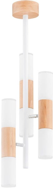 Moderne Pendelleuchte mit drei Lichtquellen aus Holz und satiniertem Glas mit weißem Element