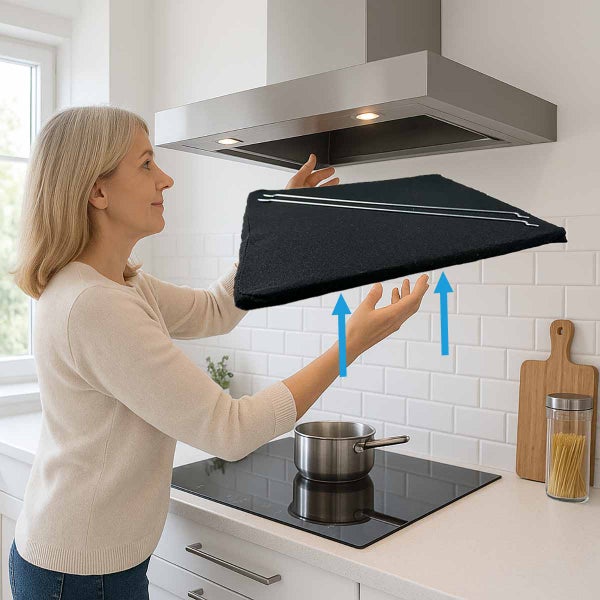 Frau setzt einen Dunstabzugsfilter in eine Dunstabzugshaube ein.