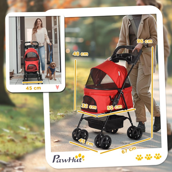 PawHut Hundewagen, 67L x 45B x 96H cm, Stahl, Oxford-Gewebe, Rot