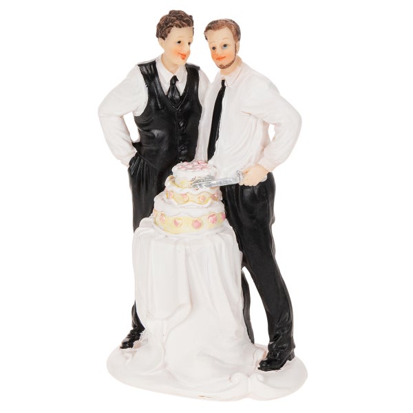 Tortenfigur zur Hochzeit mit zwei Bräutigamen, die gemeinsam eine mehrstöckige Hochzeitstorte anschneiden.