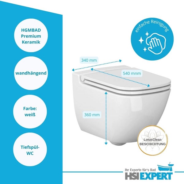 Weißes, wandhängendes Tiefspül-WC mit den Maßen 340 mm Breite, 540 mm Tiefe und 360 mm Höhe. Premium Keramik und LotusClean Beschichtung für einfache Reinigung.