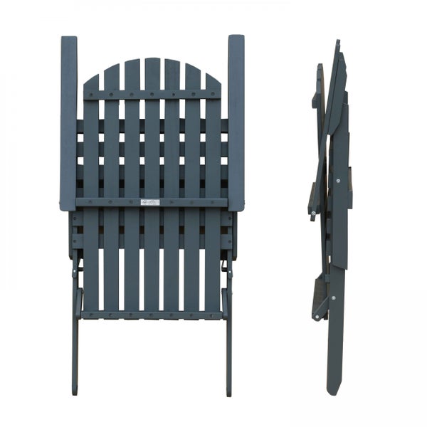 Zusammengeklappter Adirondack Gartenstuhl aus Holz in Dunkelgrau, Vorder- und Seitenansicht, Forest Stewardship Council zertifiziert.