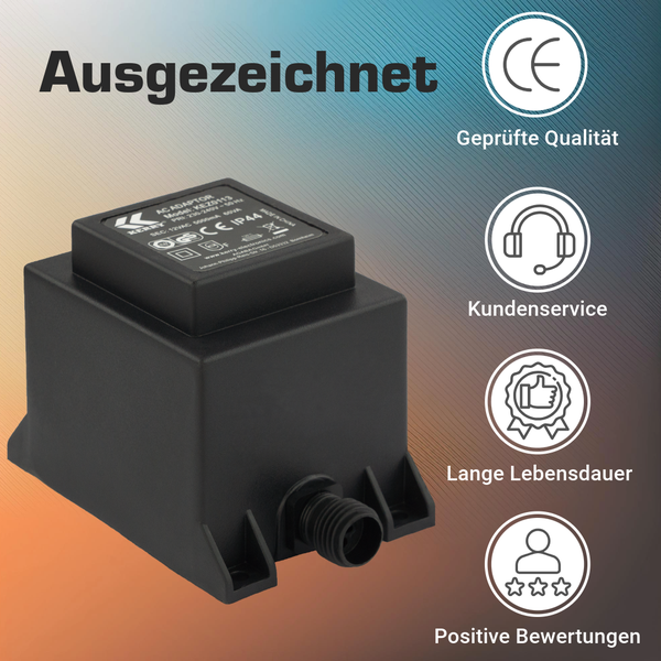 Schwarzer Wechselstromadapter mit Kerry Logo und Symbolen für geprüfte Qualität, Kundenservice, lange Lebensdauer und positive Bewertungen.