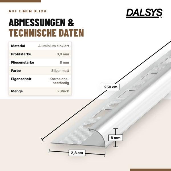 Dalsys Fliesenprofil aus eloxiertem Aluminium mit 250 Zentimeter Länge und 8 Millimeter Fliesenstärke, inklusive technischer Daten.