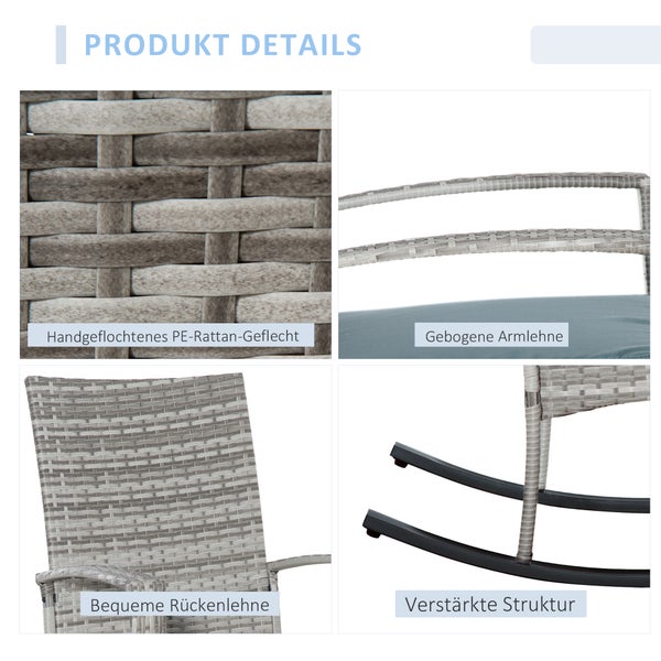 Detailansichten eines Schaukelstuhls aus handgeflochtenem Rattan-Geflecht mit gebogener Armlehne, Rückenlehne und verstärktem Untergestell.