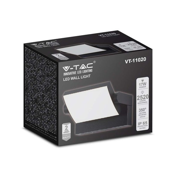 Verpackung einer V-TAC LED-Wandleuchte mit technischen Daten wie 17 Watt Leistung und IP65 Schutzart