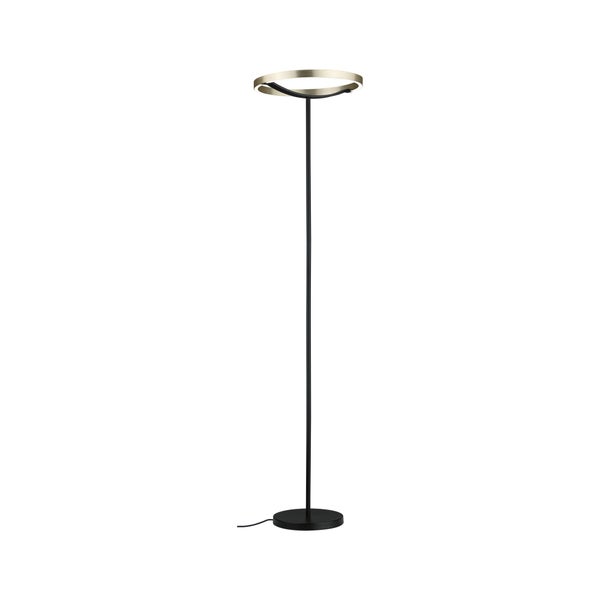 Moderne Stehleuchte mit schwarzem Metallgestell und ringförmigem Leuchtkopf.