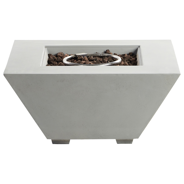 Quadratische Gas-Feuerstelle aus Beton mit Lavasteinen und kreisförmigem Brenner.