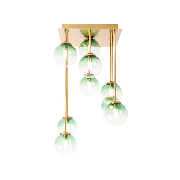 Pendelleuchte mit mehreren grünen Glaslampenschirmen und goldenen Metallelementen