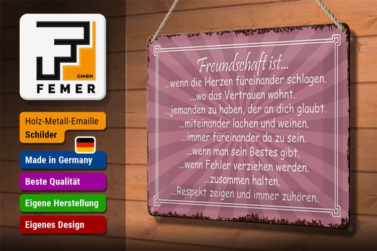 Blechschild Spruch 30x20cm Freundschaft ist wenn Herze
