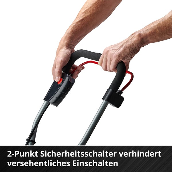 2-Punkt Sicherheitsschalter an einem Gartengerät-Handgriff zur Vermeidung von versehentlichem Einschalten.