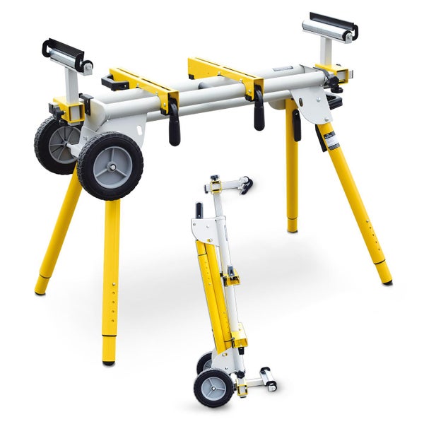 Gehrungssägeständer mit Rädern im aufgebauten und zusammengeklappten Zustand