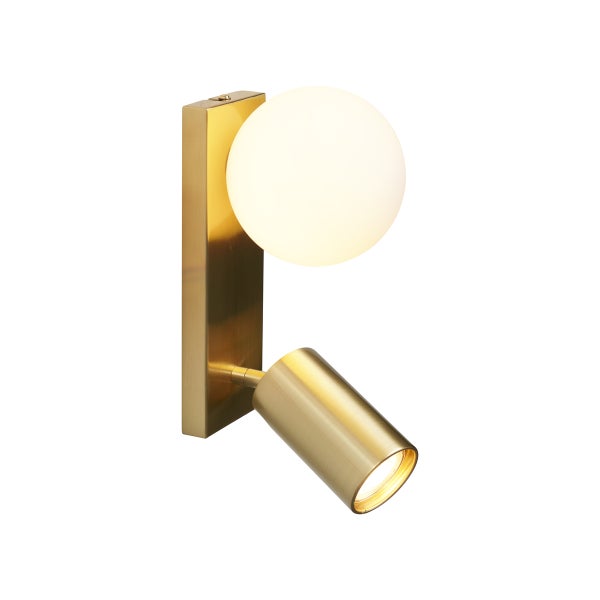 Goldfarbene Wandleuchte mit zwei Leuchten, einer runden und einem Strahler